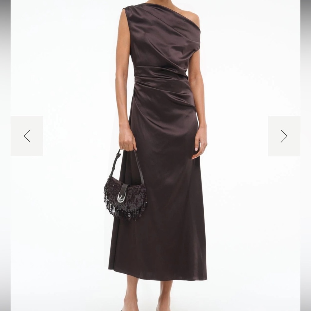 STAUD One-Shoulder Satin Dress in Deep Brown